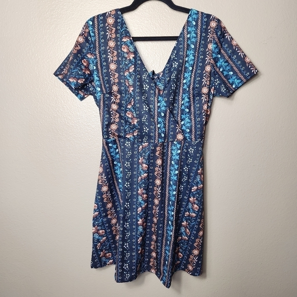 Parisian Womens Floral/Rope Short Sleeve Surplice Tie Back Navy Dress-Size L